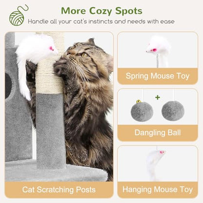 Globlazer Cat Tree Tower for Indoor Cats, 50-inch Adult Cat Tree House for Large Adult Cats with Steps, Scratching Post, 2 Cat Caves, Dangling Toys, FC50, Light Grey - color: Light Grey