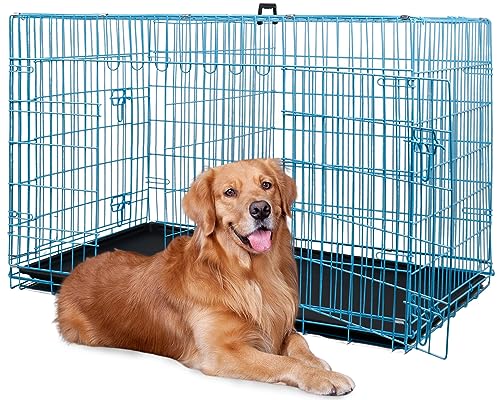 48 Inch Extra Large Dog Crates with Double Door,Divider Panel,Handle,Plastic Leak-Proof Pan Removable Tray,Folding XXL Metal Wire Dog Kennel Dog Crates for Medium to Large Dogs Indoor Outdoor,Blue - color: Blue, size: 48 inch