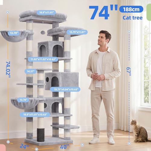 Hey-brother Cat Tree, 74 inches Multi-Level XL Large Cat Tower for Indoor Cats with Three Cat Condos, Two Large Top Decks and Cat Hairbrushfor Kittens, Cats and Pets, Light Gray MPJ035-MW - color: Light Gray