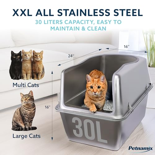 2 Pack XXL All Stainless Steel Litter Box Lid 30L Enclosed 16" Tall Walls Leak Proof Seal NonStick Splash Guard Top Removable Cover System Large Multi Cats Scoop Mat Extra Large Metal Cat Litter Box