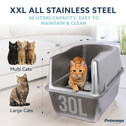 2 Pack XXL All Stainless Steel Litter Box Lid 30L Enclosed 16" Tall Walls Leak Proof Seal NonStick Splash Guard Top Removable Cover System Large Multi Cats Scoop Mat Extra Large Metal Cat Litter Box
