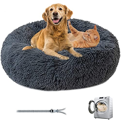 Premium Plush Donut Dog & Cat Bed - Warm & Soft, Anti-Anxiety, Non-Slip, Washable for Small/Medium/Large Dogs (Dark Gray) - color: Dark Gray, size: 15.7"40cm