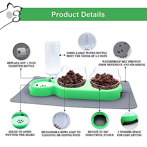 Triple Cat Bowls with Water Dispenser, Pet Whisker Friendly Water and Food Bowl Set with Non-Slip Mat, 15° Tilted Double Feeding Bowls, Elevated Wet and Dry Food Dish for Kitten&Small Dog (Mint) - color: Mint