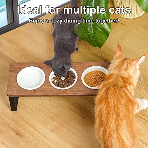 Raised Cat Food Water Bowl Elevated Tilted Kitty Dishes Set of 3 Ceramic Dish for Indoor Cats Orthopedic Pet Food Stand Reduces Vomiting 3 Bowl Cat Feeder Easy Assembly(Brown) - color: Brown