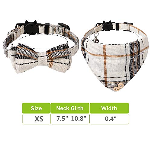 Faleela Breakaway Cat Collar with Bells - 2 Pack Cat Collar with Bells, Cat Collars with Bandana, Accessories for Pet Collars, Adjustable for Cats and Small Dogs - color: Beige bow+bandana