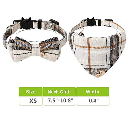 Faleela Breakaway Cat Collar with Bells - 2 Pack Cat Collar with Bells, Cat Collars with Bandana, Accessories for Pet Collars, Adjustable for Cats and Small Dogs - color: Beige bow+bandana