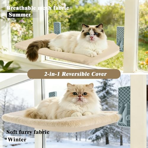 Cat Window Perch, Foldable Window Hammock for Cats with Strong Adhesive Glue, Metal Frame and Washable Soft Cover cat Bed for Window, Reversible for Winter and Summer