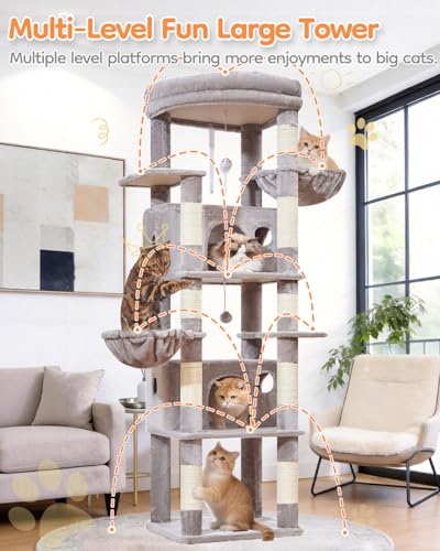 Taoqimiao Heavy Duty Cat Tree, 73in Cat Tower for Indoor Cats 25 lbs+, Extra Large Cat Tree, 2 Widen Condos, Enlarged Sleeping Platform, 9 Scratching Posts, 2 Cozy Baskets, Cat Toys, F30W Light Gray - color: Light Gray