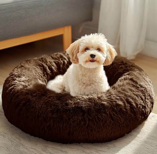 JOLLYVOGUE Dog & Cat Bed, Calming Anti-Anxiety Pet Bed for Small Dogs, Fluffy Donut Cushion for Small and Medium Pets (20") - color: Coffee, size: 20"