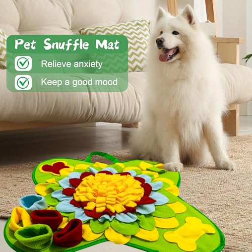 Snuffle Mat for Dogs Pet Treats Feeding for Small Medium Breed Dogs Non-Slip Interactive Dog Puzzle Toys Encourages Natural Foraging Skills - color: Green Sunflower 20 "x 20"