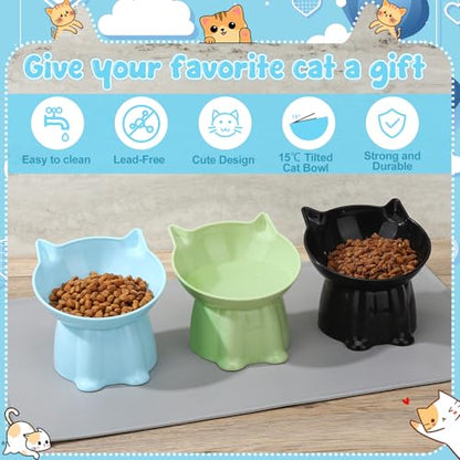 3 Pcs Elevated Cat Bowls 15°Raised Cat Food Bowl with Silicone Mat Whisker Friendly Anti Vomiting Cats Dishes Pet Food and Water Bowls for Indoor Cats Kittens Classic Blue, Black, Green Colors - color: Blue, Black, Green