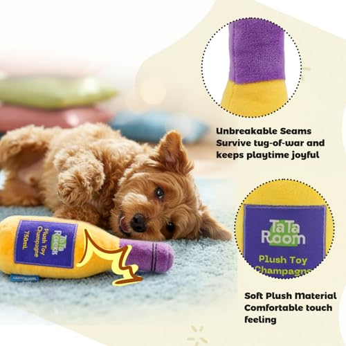 Champagne Bottle Squeaky Crinkle Dog Toy - Interactive Plush Chew Toys for Puppy Teething, Small Dogs, Aggressive Chewers and Keeping Busy - color: Yellow - Champagne Bottle