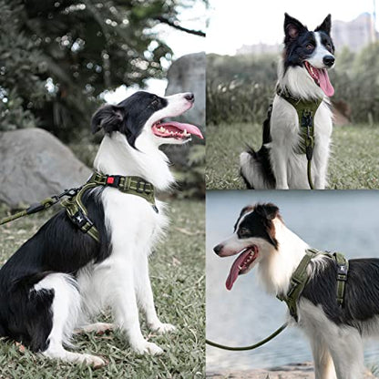 PoyPet No Pull Dog Harness and 5 Feet Leash Set, Release on Neck Reflective Adjustable Pet Vest, Front & Back 2 D-Ring and Soft Padded Pet Harness with Handle for Small to Large Dogs(Military Green,M) - color: Military Green, size: Medium