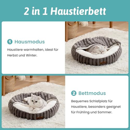 Cat Bed with Hooded Blanket, Round Fluffy Anti-Anxiety Pet Bed for Cats/Small Dogs, Cozy Donut Cuddler with Machine Washable Faux Fur & Anti-Slip Bottom(23"×23"×6",Grey) - color: Grey, size: 23"×23"×6"
