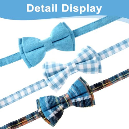 3pcs Bow Tie Cat Collar with Bells, Breakaway Bowtie Plaid Cat Collar, Soft Adjustable Bow Cats Collars for Kitten Puppy and Small Pets - color: blue