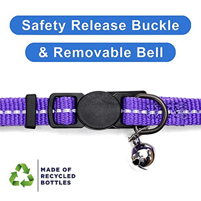 Pawtitas Recycled Purple Reflective Cat Collar – Eco-Friendly Breakaway Safety Buckle, Adjustable Kitten & Adult Collar with Removable Bell and High-Visibility Strap - color: Recycled Purple