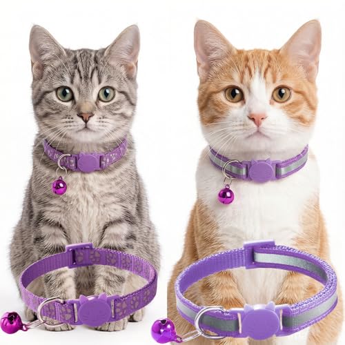 Purple Reflective Cat Collar with Bells, [2 Pack] Break Away Kitten Collar with Bells, Breakaway Cat Collar for Boy Cats Kitty - color: Purple