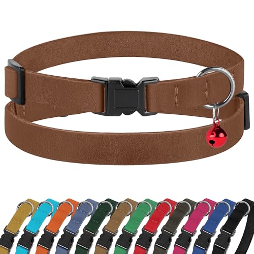 Breakaway Cat Collar Leather with Removable Bell - 13 Colors Available - Soft Adjustable Girl Boy Safety Lightweight Pet Kitten Collars Pink Brown Blue Green Red Orange Black (Cognac) - color: Cognac