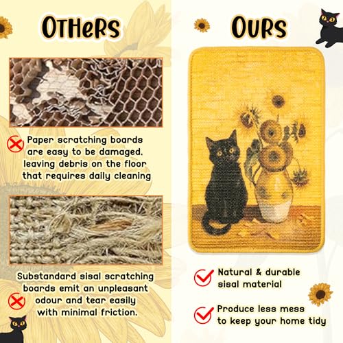 Sisal Cat Scratching Pad - Shedding-Resistant Wall Scratcher Mat for Indoor Cat, Kitten Art Print Sunflower Scratching Mats for Carpet Couch Furniture with Adhesive Hook Loop Tape(24*16in)