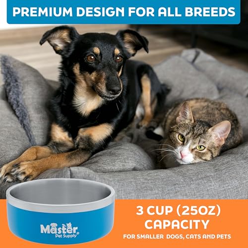 Master Pet Supply Stainless Steel Dog Bowls - 25 oz, Heavy Duty - True Blue, Double Wall Extra-Thick Insulated, Non-Slip Pet Water Bowl for Dogs, Cats & Pets, Anti Rust Metal, Dish Washer Safe - color: True Blue, size: 3 Cups (25 oz)