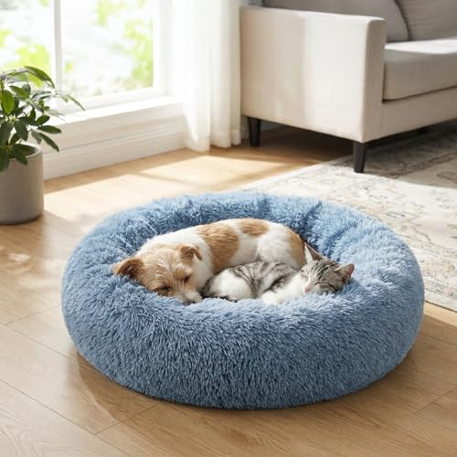 PetAmi Calming Dog Bed for Small & Medium Dogs and Cats, 30 Round Donut Dog Bed, Washable Fluffy Faux Fur Puppy & Cat Bed, Anti-Anxiety Plush Cuddler Pet Bed with Anti-Slip Bottom - Blue - color: Dusty Blue, size: Medium - 30"