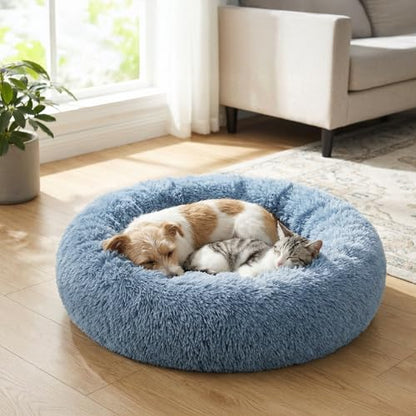 PetAmi Calming Dog Bed for Small & Medium Dogs and Cats, 30 Round Donut Dog Bed, Washable Fluffy Faux Fur Puppy & Cat Bed, Anti-Anxiety Plush Cuddler Pet Bed with Anti-Slip Bottom - Blue - color: Dusty Blue, size: Medium - 30"