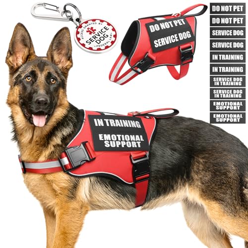 Service Dog Vest Harness+ID Tag+10 Patches,Metal Serivce Dog Tag&Reflective Emotional Support Dog Vest with Handle for Large Dogs,Easy Put On/Off for Training/Walking/Everyday Red XL - color: Red, size: XL