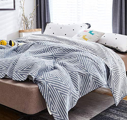 MEJU Blue Striped Checks Triange Muslin Reversible Throw Blanket for Bed Sofa Couch 100% Combed Cotton 3 Layer Soft Warm Quick Dry Throw Blanket Bedspread Bed Coverlet Sheet Full Queen 80 in X 90 in - color: Check2 Blue, size: F/Q 80 in x 90 in
