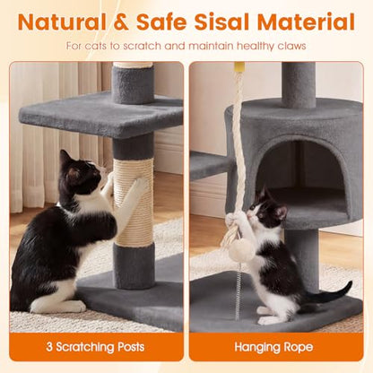 PETSITE 36-inch Multi-Level Cat Tree, with Sisal Scratching Posts, Comfy Top Perch, Cozy Condo, Playful Sisal Rope and Spring Ball, and Dangling Ball, Ideal for Indoor Cats and Kittens (Grey) - color: Grey