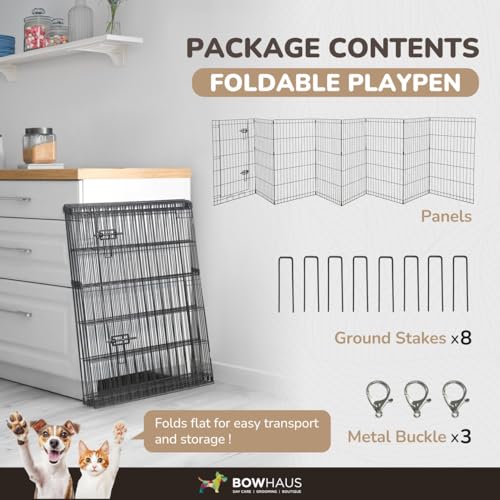 BOWHAUS Foldable Outdoor/Indoor Pet Playpen with Gate, Available in 30 Inch Height Metal Portable Kennel, Heavy-Duty Exercise Fence Cage 8 Panels for Medium Dog, Animals - style: 30 Inch