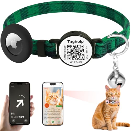 Grid Cloth Breakaway Cat Collar with smart ID tag with AirTag Holder and Bell, Light, Adjustable,AirTag, Integrated Air Tag Cat Collar for Apple.Tracker for Girl Boy Cats Kittens (Green) - color: Green