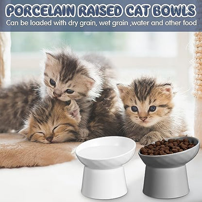 Tanlade 4 Pcs Ceramic Raised Cat Bowls, Elevated Tilted Cat Bowl for Food Water, Stress Free, Backflow Prevention, Dishwasher Microwave Safe, Feeder Dish for Indoor Kitten, Small Dogs(White and Grey) - color: White and Grey