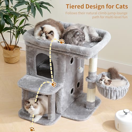 Heybly Cat Tree, 25.6-inch Cat Tower with Spacious Top Perch for Large Cats, Stair-Style Cat House Furniture with Dual-Layer Condos, Sisal Scratching Posts, Cozy Basket & Pompom, Light Gray HCT204SW - color: Light Gray, size: 25.6 inch