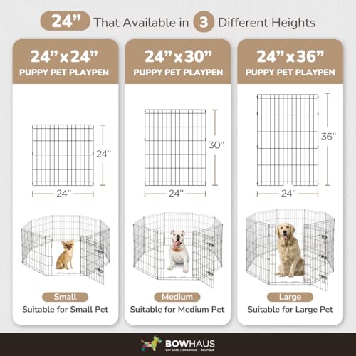 BOWHAUS Foldable Outdoor/Indoor Pet Playpen with Gate, Available in 30 Inch Height Metal Portable Kennel, Heavy-Duty Exercise Fence Cage 8 Panels for Medium Dog, Animals - style: 30 Inch
