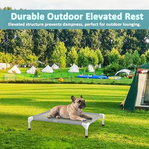Elevated Dog Bed with Teslin Cooling Fabric - Lightweight Dog Cot for Medium Dogs, Waterproof & Washable Breathable Mesh, Raised Pet Bed for Indoor Outdoor Use, Anti-Slip, Easy Clean - size: M-Gray