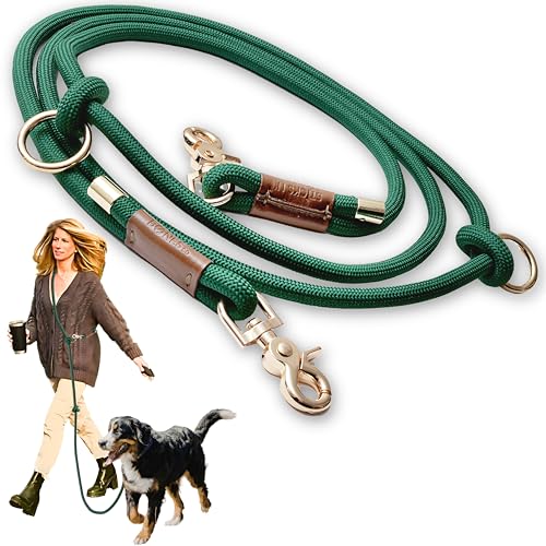 Hands Free Dog Leash, Waist Leash for Dog Walking, Running, Crossbody, Multifunctional, 2 Dogs, Dual Handle, Traditional Lead, Adjustable Lead 4.3ft - 7.5ft, 3/8" (10mm) Diameter. - color: Hunter Green