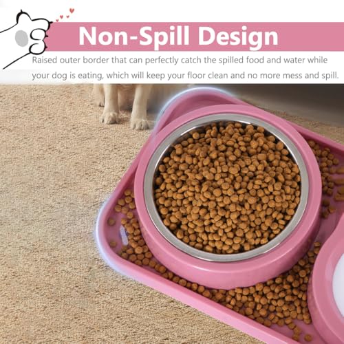 Dog Bowls, Non-Slip Puppy Cat Food and Water Bowl Set with Water Dispenser and Stainless Steel Bowl Detachable Gravity Pet Feeder and Waterer Set for Cats Dogs Puppy Rabbit (Pink, 500ML) - color: Pink, size: Water Capacity: 500ML
