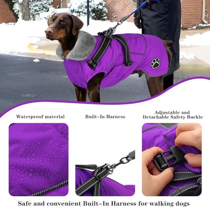 Dog Jacket Waterproof Dog Coat with Harness Built in, Christmas Puppy Winter Coat Reflective Turtleneck Puffer Snow Jackets for Small Medium Large Dogs - color: Purple, size: Large