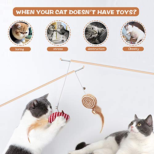 3-Pack Cat Wand Toys, 16-Inch Natural Wooden Teaser Wand with 5 Silvervine Sticks, Interactive Feather Wand for Indoor Cats - color: RedOrangeBrown-3pcs