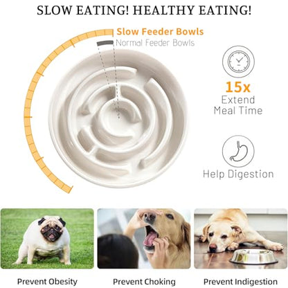 Ceramic Slow Feeder Dog Bowl,1.5 Cups Pet Slow Feeder for Small and Medium Breed,Puzzle Dog Food Dish,Anti-Gulping,Stop Bloat,Preventing Choking(White) - color: White