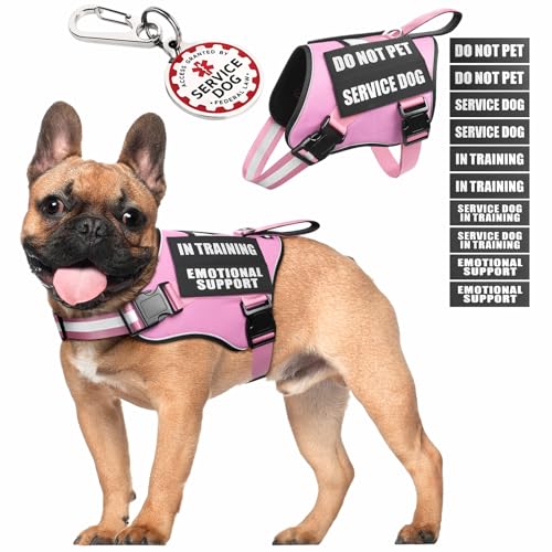 Service Dog Vest Harness+ID Tag+10 Patches,Metal Serivce Dog Tag&Reflective Emotional Support Dog Vest with Handle for Small Dogs,Easy Put On/Off for Training/Walking/Everyday Pink S - color: Pink, size: S