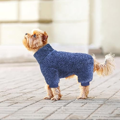 Idepet Velvet Dog Pajamas, Turtleneck Dog Sweater Fuzzy Plush Onesie Soft Cat Apparel Pet Clothes Winter Outfit Doggy Pjs Puppy Jumpsuit for Small Dogs Cats (Navy,S) - color: Navy, size: Small