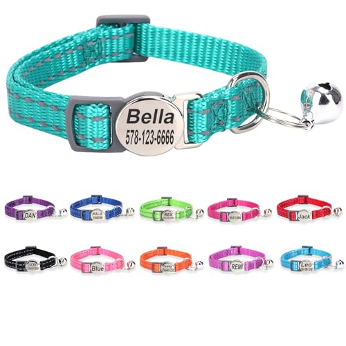 Engraved Personalized Cat Collar,Breakaway Safety Release Buckle,Reflective Kitten Collars with ID Name Tag,Adjustable Nylon Collar with Bell for Small Dogs Puppy Kitten Cat,Teal (7.5''-12.0'') - color: Teal