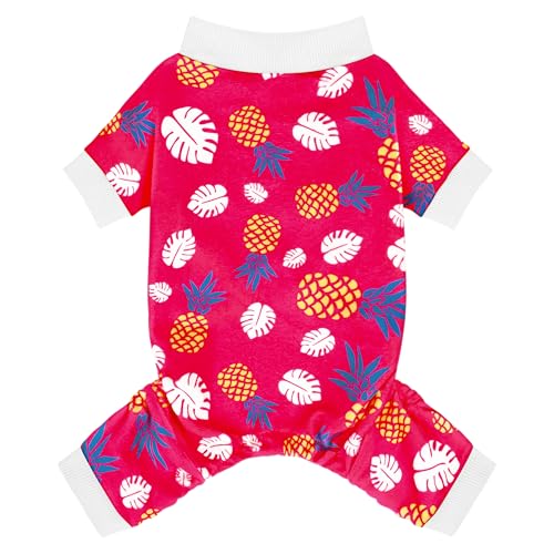Paiaite 4-Legged Cotton Stretchable Jumpsuit Pjs: Pineapple Pattern Dog Pajamas - Lightweight Cozy Puppy Onesie Clothes, Comfortable Pet Sleepwear Jammies for Hair Shedding Coverage White Edge 3XL - color: White Edge, size: 3XL-(35~55lb) | Chest(~30")