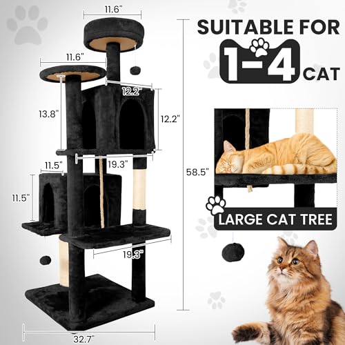 58.5inch Large Cat Tree Tower Condo for Indoor Cats, Soft Plush Multi-Level Climbing Tree Cat House, Scratching Post, More Entrance/Exit, Sisal Rope, Black - color: Black