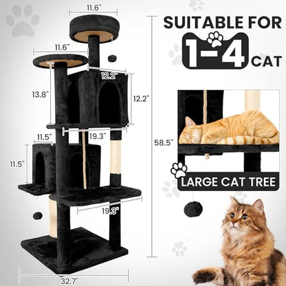 58.5inch Large Cat Tree Tower Condo for Indoor Cats, Soft Plush Multi-Level Climbing Tree Cat House, Scratching Post, More Entrance/Exit, Sisal Rope, Black - color: Black