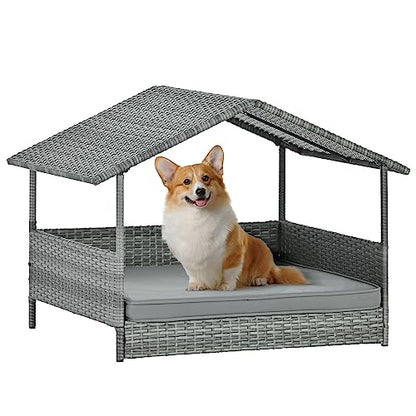 Lyromix Wicker Dog House with Canopy, 32" Outdoor Elevated Rattan Dog Bed with Water-Resistant Soft Cushion, Large Outside Raised Dog Shelter for Small, Medium Dogs, Gray