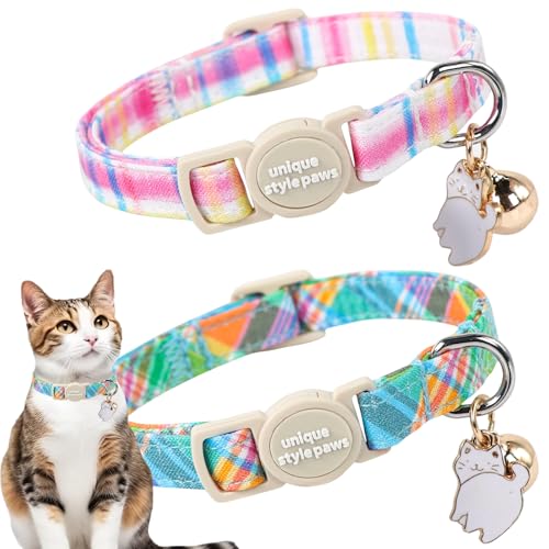 Unique style paws 2 Pack Easter Day Kitten Collar Breakaway with Bell&Pendant, Adjustable Safety Blue Pink Colorful Plaid Cat Cotton Collar for Girl Boy Cat and Small Pet - color: blue pink colorful grid