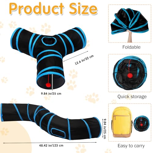 Poen 22pcs Cat Kitten Toys Set with 2 Collapsible Cat Tunnel and 20 Interactive Kitty Feather Toy, Fluffy Mouse, Crinkle Balls, for Kitten Puppy(Blue, Black) - color: Blue, Black