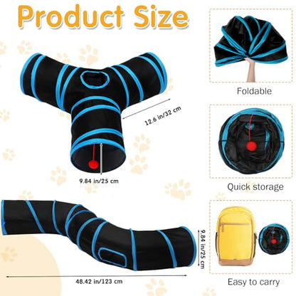 Poen 22pcs Cat Kitten Toys Set with 2 Collapsible Cat Tunnel and 20 Interactive Kitty Feather Toy, Fluffy Mouse, Crinkle Balls, for Kitten Puppy(Blue, Black) - color: Blue, Black